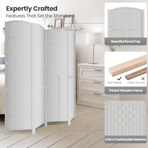 4 Panel Folding Room Divider,Woven Privacy Screen,White | Solid wood frame, handcrafted diamond pattern, 6FT tall, extends to 63 inches wide, no assembly required - color: White, size: 4-Panel