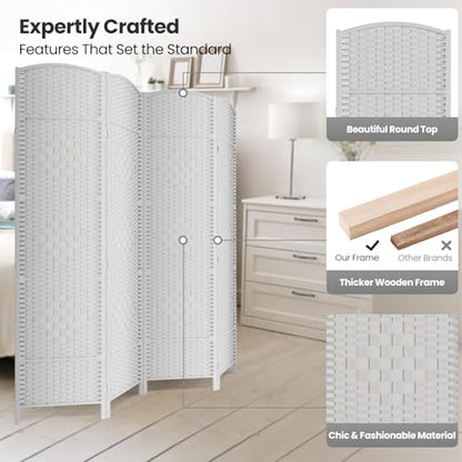 4 Panel Folding Room Divider,Woven Privacy Screen,White | Solid wood frame, handcrafted diamond pattern, 6FT tall, extends to 63 inches wide, no assembly required - color: White, size: 4-Panel