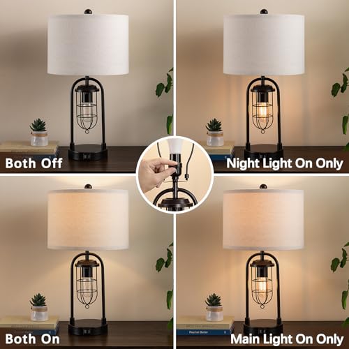 Kyrid Set of 2 Table Lamps with USB Ports and Night Light Farmhouse Nightstand Lamp for Living Room Bedroom（Bulbs Included）
