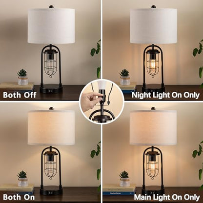 Kyrid Set of 2 Table Lamps with USB Ports and Night Light Farmhouse Nightstand Lamp for Living Room Bedroom（Bulbs Included）