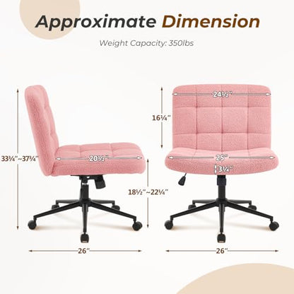 Furnimart Swivel Criss Cross Legged Chair with Wheels for Home Office, Wide Armless Desk Chair Height Adjustable Comfy Seat for Desk,Vanity, Bedroom, Faux Fur Pink - color: Faux Fur-pink