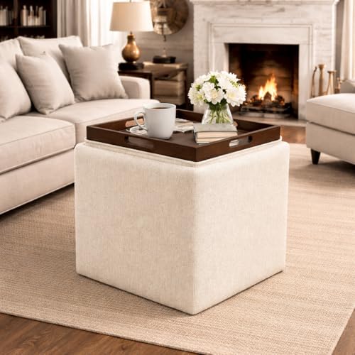 HomePop 17.5" Storage Ottoman with Tray Top - Cream Woven - color: Cream Woven