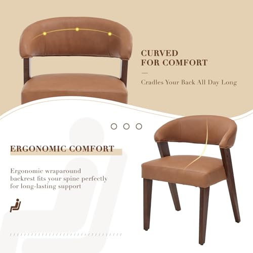 Brown Faux Leather Dining Chairs with Arms Set of 2, Mid Century Modern Kitchen & Dining Room Chairs, Barrel Backs/Walnut Solid Wood Legs, Upholstered Comfortable Accent Chairs for Living Room - color: Brown