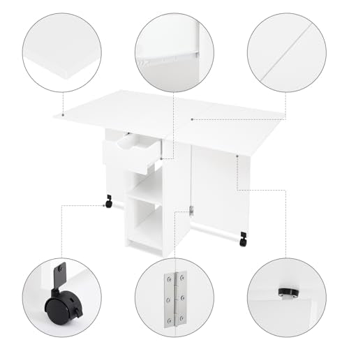 Mondeer Folding Dining Table with Drawer and Shelves, White | Drop Leaf Kitchen Table with 1 Drawer and 2 Storage Shelves in Modern Style for Small Spaces and Seats 4-6 People. - color: White
