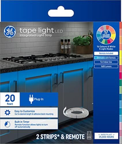 GE LED Tape Light, Color Changing Plug-In Light Strip Fixture with Timer, 20ft - size: 20 ft 1 pack
