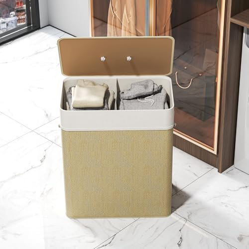 HOMCOM Double Laundry Basket with Lid 26.4 Gallon Bamboo Hamper Natural | Rope Handles, Clothes Hamper, Removable Liner, Bathroom, Bedroom - color: Natural