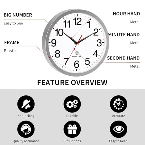 Wall Clock Analog 12 Inch Atomic Battery Operated Silent Clock | Silver, Easy To Read, Non Ticking, Round, Accurate, Kitchen, Living Room, Classroom, Office, School - color: Atomic_silver, size: 12 Inch
