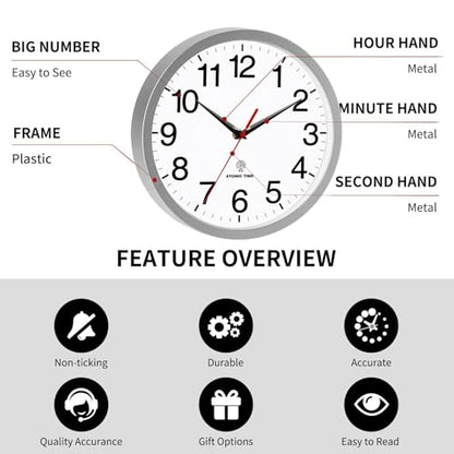 Wall Clock Analog 12 Inch Atomic Battery Operated Silent Clock | Silver, Easy To Read, Non Ticking, Round, Accurate, Kitchen, Living Room, Classroom, Office, School - color: Atomic_silver, size: 12 Inch