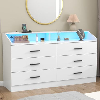 6 Drawer Dresser for Bedroom with Charging Station, Dresser with LED Light | Chest of Drawers for Closet, Modern Dressers with Open Storage Cubby, Double Wide Dressers - color: White
