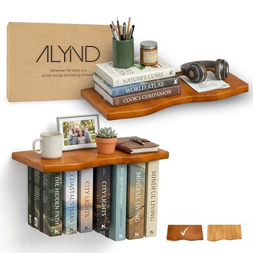 Pine Wood Floating Shelves for Wall, 2 Pack, 15.7 Inch, Dark Brown | Two live edge pine shelves with hidden brackets; each 15.7 inches long and supports books, photos or plants up to 66 lb. - color: Dark Brown