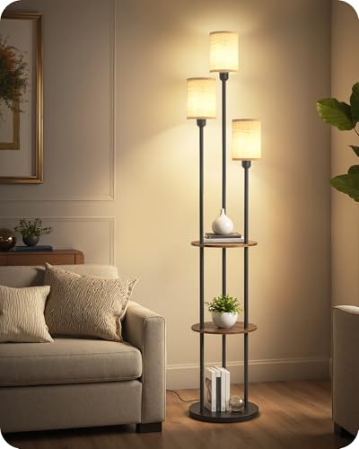 70.9" Floor Lamp with Shelves, Modern Floor Lamp with 3 Linen Shades and Foot Switch, 3-Light Standing Lamp, for Living Room, Bedroom, Study, Office, Rustic Brown and Beige EF53LD05 - color: Rustic Brown + Beige
