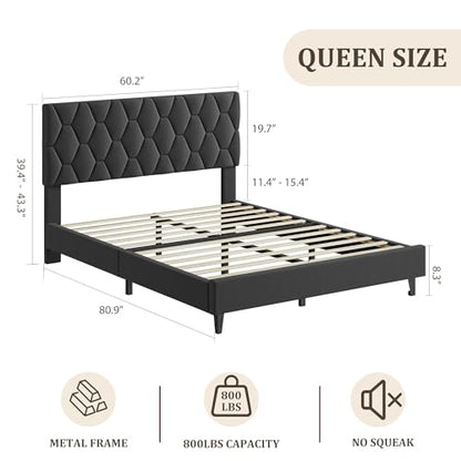 GAOMON Grey Queen Bed Frame with Upholstered Headboard, Heavy-Duty Platform Bed Frame with Strong Wood Slats, No Box Spring Needed/Easy Assembly/Noise Free - color: Grey, size: Queen