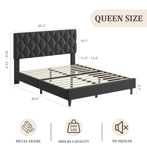 GAOMON Grey Queen Bed Frame with Upholstered Headboard, Heavy-Duty Platform Bed Frame with Strong Wood Slats, No Box Spring Needed/Easy Assembly/Noise Free - color: Grey, size: Queen