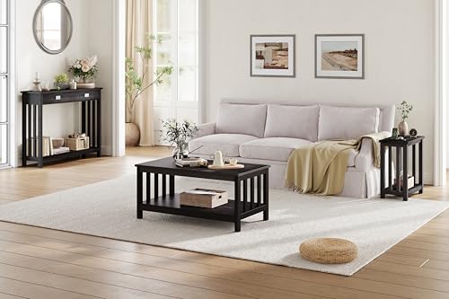 ChooChoo Mission Coffee Table, Black Wood Living Room Table with Shelf, 40 Black - color: Black, size: 22"D x 39.9"W x 18.1"H
