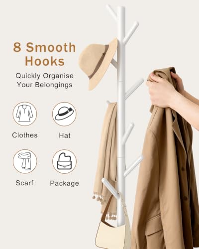 Yawinhe Coat Rack, Sturdy Woode Stand Tree with 8 Hooks,White | 3 Adjustable Heights Coat Tree Freestanding; Sturdy Clothes Stand with Square Base; Coat Standing Tree for Entryway, Hallway - color: White