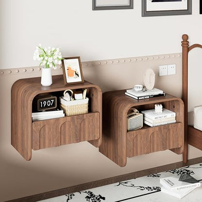 Floating Nightstand Set of 2, Wall Mounted Nightstand with Drawer | Bedside Table, Small Night Stand, with Open Storage Shelf, for Bedroom, Modern, Walnut