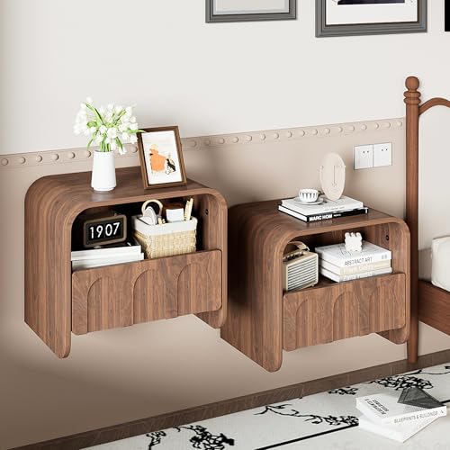 Floating Nightstand Set of 2, Wall Mounted Nightstand with Drawer | Bedside Table, Small Night Stand, with Open Storage Shelf, for Bedroom, Modern, Walnut