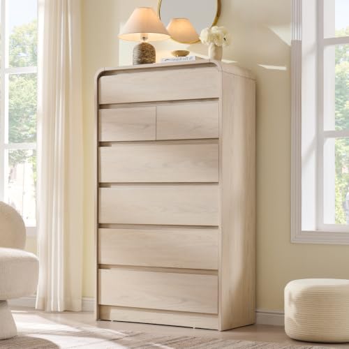 Aitjunz Modern 7 Drawers Dresser for Bedroom, 55" Tall Dressers, Cream | Wooden Dressers & Chest of Drawers w/Curved Profile Design, Mid Century Vertical Storage Dressers Organizer for Bedroom - color: Cream, size: 15.5"D x 31.5"W x 55.5"H (7 Drawers)