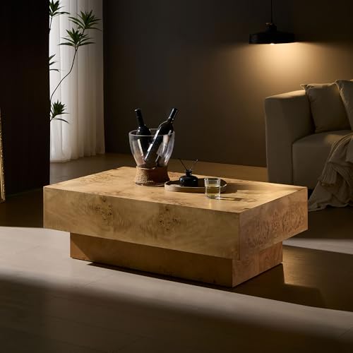 43.31" Rectangle Coffee Table with Burl Wood Veneer & Sturdy Base, Modern Luxury Wood Drum Center Table End Table Accent Side Table for Living Room, Minimalist Fluted Design, Oak - color: 43.31" Rectangle Style 2, Burl Wood Veneer