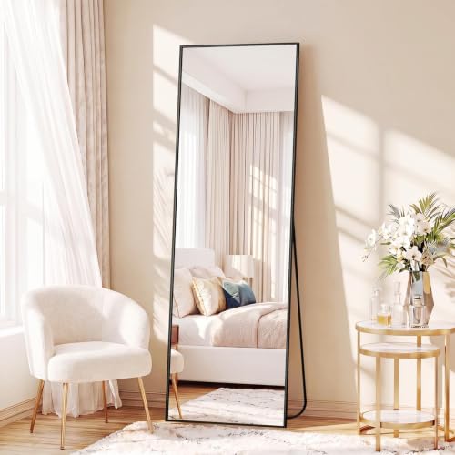 Sweetcrispy 55"x15" Full Length Mirror, Standing Full Body Mirror, Black | Aluminum Alloy Thin Frame, Floor or Standing, Suitable for Bedroom, Living Room, Cloakroom - color: Black-rectangle, size: 55"L x 15"W