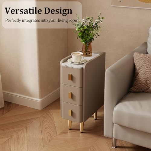 AQIMUELE Narrow Nightstand with Drawers, Narrow Side Table Leather, Small Bedside Tables for Bedroom. (Beige) - color: Beige, size: 7.8"W x 15"D x 22.8"H