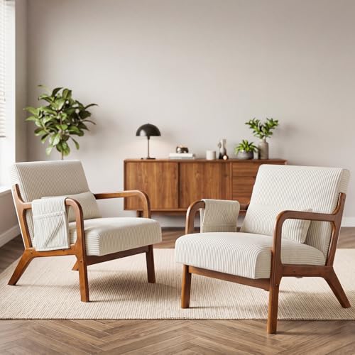 DUMOS Accent Chairs Set of 2, 17'' Seat Height Armchair with Side Pocket | Upholstered Small Side Chair with Lumbar Pillow and Wood Frame for Living Room, Bedroom, Reading Nook, Easy Assembly, Beige - color: Beige, size: 2 PC