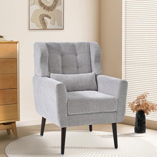 Modern Accent Chair, Upholstered Armchair with Pillow, Fabric Single Sofa Chair with Lounge Seat Solid Wood Legs Accent Chair for Living Room Bedroom Small Spaces (Grey) - color: Grey, size: Set of 1
