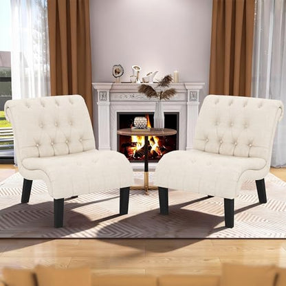 Mid Century Modern Accent Chair, Button Tufted Armless Lounge Chair, Upholstered Linen Side Chair with Solid Wood Legs for Bedroom, Living Room, Office - color: Cream, size: 1 Chair