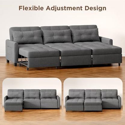 Aiho 78 Inch Sectional Sleeper Sofa, Pull Out Couch, Dark Grey | Pull-out Sleeper with Adjustable Backrest and Ottoman for Flexible Seating and Sleeping in Living Rooms or Guest Rooms - size: 3 Seater