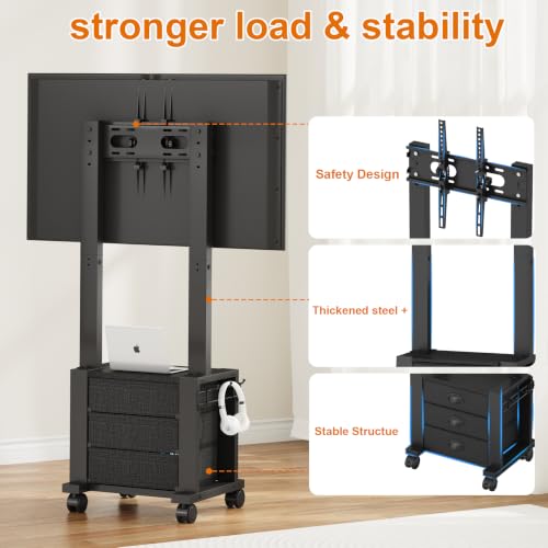 Rolling TV Stand with 3 Drawers for 23-60 Inch TVs with Storage | Hidden Storage, Height Adjustable Tilt Mount, Lockable Wheels, Dual Steel Frame, VESA Compatible for Bedroom & Living Room - size: 3 Drawers