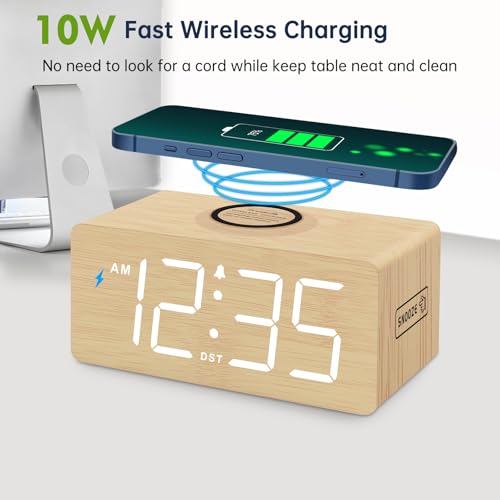 DreamSky Wooden Digital Alarm Clock with Wireless Charging for Bedroom | Bedside Nightstand Clock with Charger Station, USB Port, Large Numbers, Adjustable Volume, Brightness Dimmer, DST - color: Bamboo