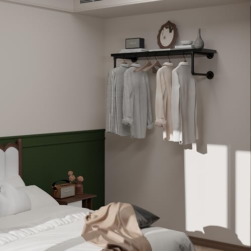Clothes Rack 36in, Wall Mounted Garment Racks with Real Black Wood Shelf, Heavy Duty Hanging Clothes Rack, Multi-Purpose Hanging Rod, Space-Saving Closet Storage - color: Black, size: 1T36IN