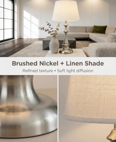 Touch Table Lamps Set of 2, 20.47" Rustic Bedside Lamps for Night Stand | Silver Brushed Nickel Metal, White Linen Shade, Farmhouse Nightstand Light for Bedroom, Living Room End Table, Entryway