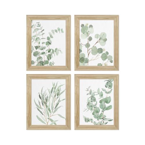 Botanical Plant Wall Art Prints: Sage Green Eucalyptus Picture Decor 4 Piece Framed Boho Leaves Poster for Bathroom Bedroom Living Room Home Decoration 8" x 10"