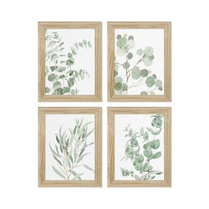 Botanical Plant Wall Art Prints: Sage Green Eucalyptus Picture Decor 4 Piece Framed Boho Leaves Poster for Bathroom Bedroom Living Room Home Decoration 8" x 10"
