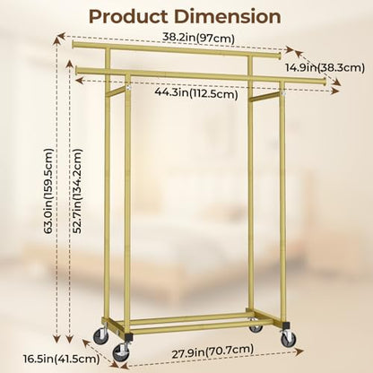 HYSEYY Double Rods Clothes Rack, Sturdy Rolling Clothing Rack, Portable Clothing Racks for Hanging Clothes - Metal Garment Rack Wardrobe Coat Rack for Bedroom Laundry Living Room, Gold - color: Gold