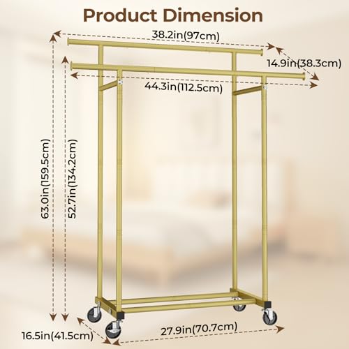 HYSEYY Double Rods Clothes Rack, Sturdy Rolling Clothing Rack, Portable Clothing Racks for Hanging Clothes - Metal Garment Rack Wardrobe Coat Rack for Bedroom Laundry Living Room, Gold - color: Gold