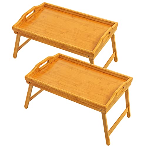 2 Pack Bed Tray Table Breakfast Trays Serving Bamboo Laptap with Floding Legs Handles and Phone Holders - color: Natural 2 Pack