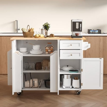 50.4" Kitchen Island with Drop Leaf & Power Outlet, Farmhouse Rolling Island Cart with 3 Spices Shelves on Wheels, Mobil Kitchen Island Table with Rubberwood Countertop Towel Rack, White - color: White, size: 3 Spice Shelves