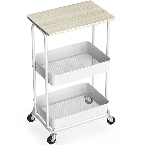Simple Houseware 2-Tier Rolling Utility Cart Wood Top/Lockable Wheel, Maple | Metal Storage Organizer Trolley for Kitchen, Bathroom, Office, Craft Room - color: Maple