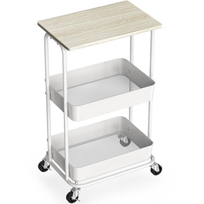 Simple Houseware 2-Tier Rolling Utility Cart Wood Top/Lockable Wheel, Maple | Metal Storage Organizer Trolley for Kitchen, Bathroom, Office, Craft Room - color: Maple