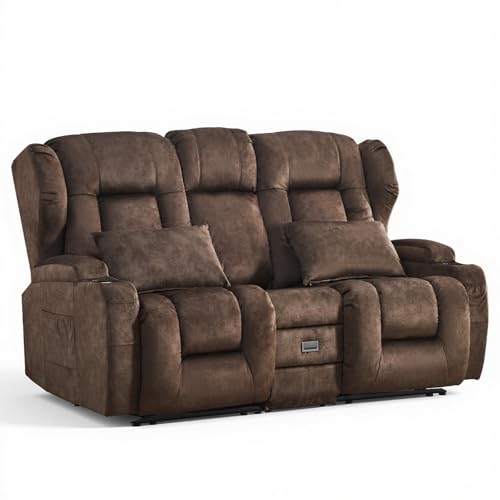 Loveseat Recliner Sofa,RV Wall Hugger Recliners with Flip-up Console,Reclining Loveseat Sofa Recliner with Cup Holders/Lumbar Pillows for Small Spaces,RV Furniture (Chestnut,68" 2-Seater) - color: Chestnut, size: 68" 2-Seater