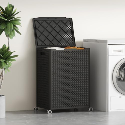 Lifewit 110L Plastic Double Laundry Basket with Lid, Collapsible 2 Section Clothes Hamper with Wheels and Removable Bags, Large Rolling 2 Compartment Bin for Laundry Room Bedroom Bathroom, Black