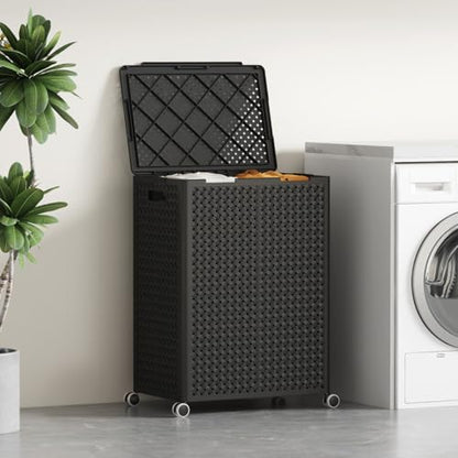 Lifewit 110L Plastic Double Laundry Basket with Lid, Collapsible 2 Section Clothes Hamper with Wheels and Removable Bags, Large Rolling 2 Compartment Bin for Laundry Room Bedroom Bathroom, Black