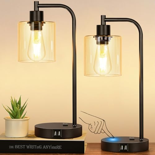 Set of 2 Industrial Touch Control Table Lamps with 2 USB Ports and AC Outlet - 3-Way Dimmable Black Bedside Lamp Nightstand Desk Lamps for Bedroom Living Room, Amber Glass Shade & 2 LED Bulbs Included - color: Black(2 pack)-Amber Glass-Touch Control