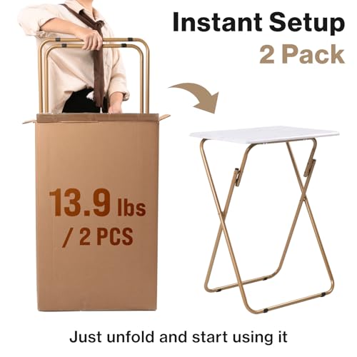 Japard Folding Couch TV Tray Table Set of 2, Heavy Duty Metal Frame 660lbs, Portable Laptop Desk No Assembly Required (2-Pack, Marble White) - color: White Marble - 2 Pack
