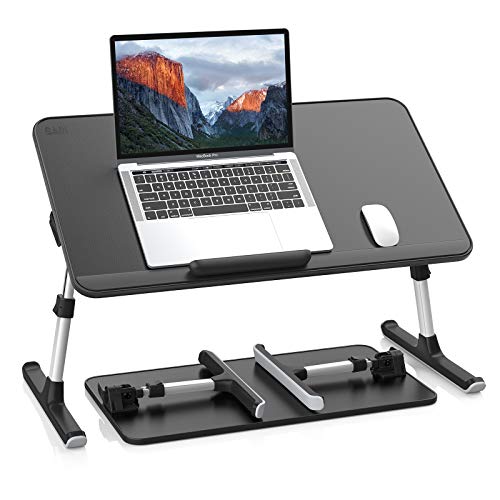 SAIJI PU Leather Laptop Bed Tray Table, Adjustable Laptop Stand with Removable Stopper, Portable Lap Desks with Foldable Legs, Notebook Stand Breakfast Reading Desk for Sofa Couch(Large, Black) - color: Black, size: Large