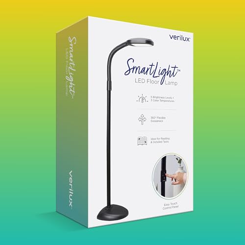 Verilux SmartLight Full Spectrum LED Modern Floor Lamp with Adjustable Brightness, Flexible Gooseneck and Easy Controls - Reduces Eye Strain and Fatigue - Ideal for Reading, Artists, Craft (Black) - color: Black