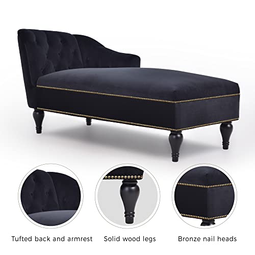 JIVOIT Velvet Upholstered Sofa Chaise Loungers, 58" Chaise Lounge with Nailhead Trim and Solid Wood Legs, Button Tufted Right Arm Facing Lounge Chair for Living Room, Sleeper Lounge Sofa - color: Black-polyester