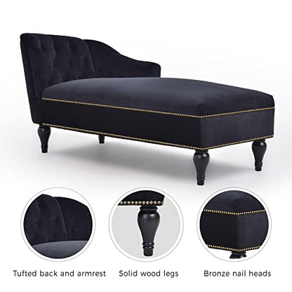 JIVOIT Velvet Upholstered Sofa Chaise Loungers, 58" Chaise Lounge with Nailhead Trim and Solid Wood Legs, Button Tufted Right Arm Facing Lounge Chair for Living Room, Sleeper Lounge Sofa - color: Black-polyester